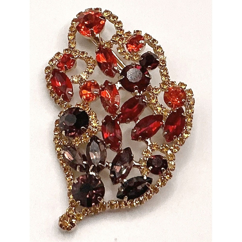 Vintage Red Rhinestone Leaf Brooch 2.5" Gold Tone Statement Pin
